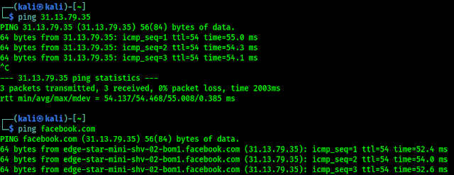 ping facebook.com from Kali Linux
