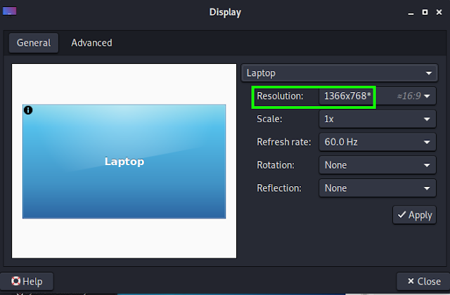 Display resolution on settings