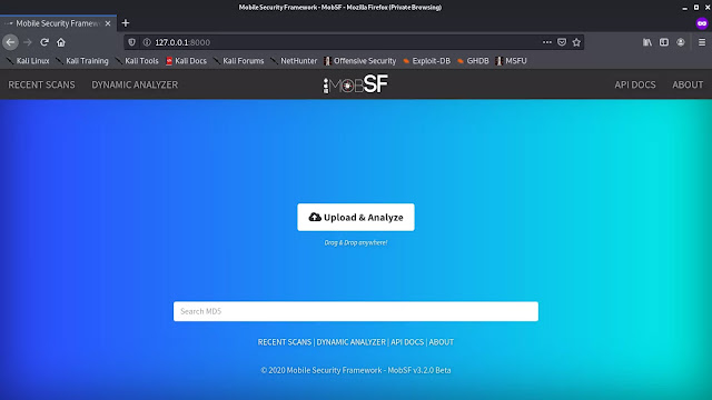 Mobile Security Framework Home Screen on Kali Linux