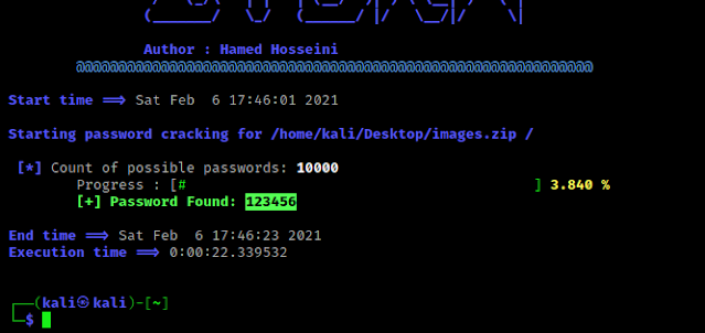 Cracked ZIP file password using zydra
