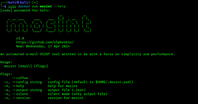 checking help options of mosint via docker on Kali Linux